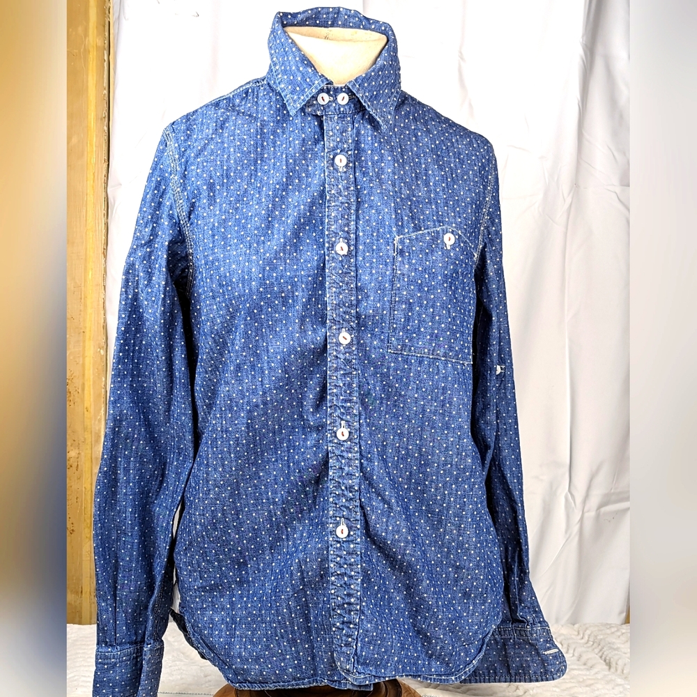 Imagine Green Wood Anthropologie Cotton Polka Dot Denim Shirt Sizes S Blue